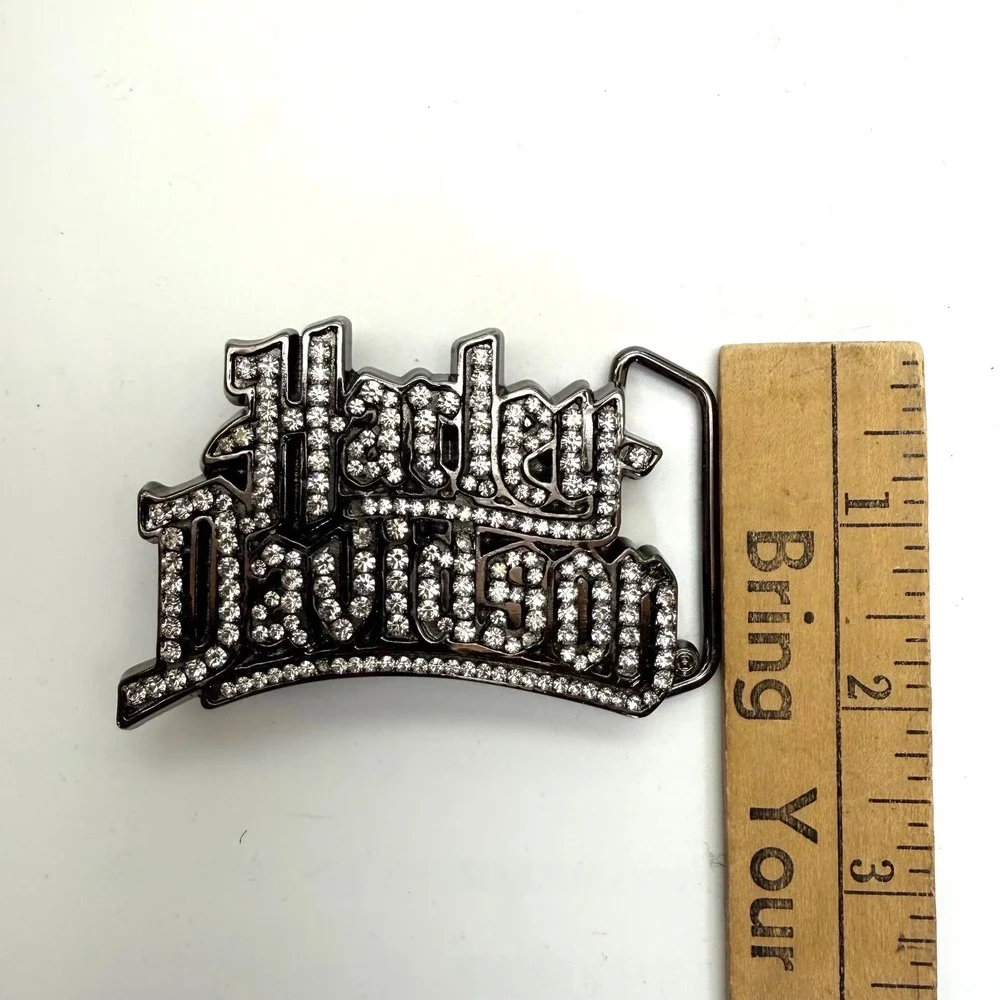 Vintage Y2K Harley Davidson Womens Belt Buckle Rhinestone Bling Gunmetal Moto